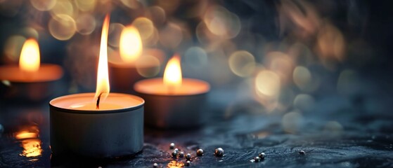 Closeup of three burning candles with copy space - obrazy, fototapety, plakaty