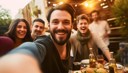 Group of friends taking selfie photo, Laughing young people having fun at dinner