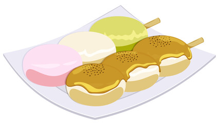 Mitarashi and Hanami Dango Duo in Elegant White Plate - Japanese Sweets Illustration