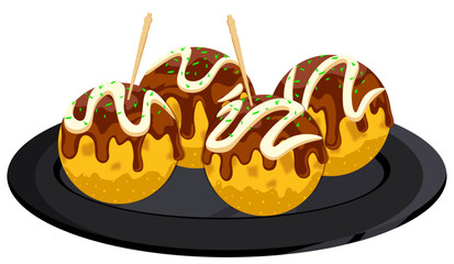 Takoyaki in Black Plate - Japanese Cuisine Vector Illustration