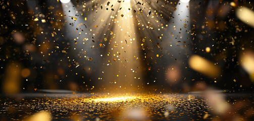 Golden confetti rain on black. - obrazy, fototapety, plakaty