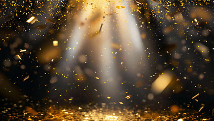 Golden confetti rain on black. - obrazy, fototapety, plakaty