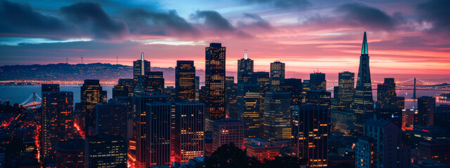 San Francisco skyline during sunset with city lights.

