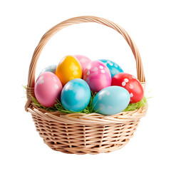 Colorful Easter eggs in a basket on a transparent background