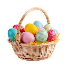 Colorful Easter eggs in a basket on a transparent background