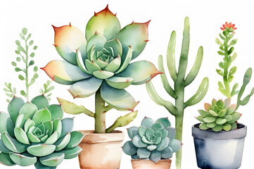 Watercolor illustration with indoor flowers. Coolection of succulent flower in pots on a white background.