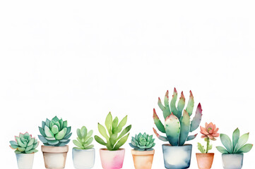 Watercolor illustration of various succulent flowers in pots on a white background. Place for text, layout for postcards. Copy space