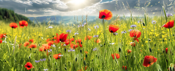 red poppies spring field - obrazy, fototapety, plakaty