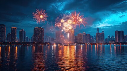 Fototapeta premium Fireworks over the city at night