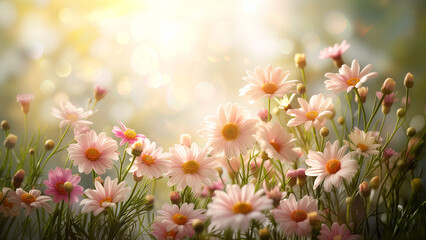 Gentle sunlight kisses a field of daisy flowers, highlighting their delicate pink petals and creating a radiant, joyful scene.