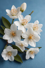 Fototapeta premium Bouquet of jasmine flowers on blue background, closeup