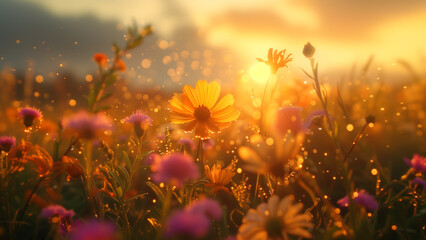Bathed in the golden light of the setting sun, a diverse wildflower meadow dazzles with its vibrant colors and soft bokeh, creating a picturesque scene that epitomizes the beauty of nature.