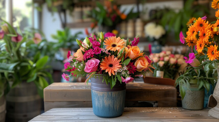 A charming rustic pot overflows with a lively arrangement of orange gerberas, pink roses, and complementary flowers at a cozy flower shop.