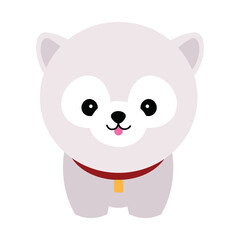 Cute dog vector portrait. Cartoon cutie dog or puppy character design with flat color. Funny pet animal isolated on white background. Brown, white, gray, small, little kids toy. Stickers, wall art