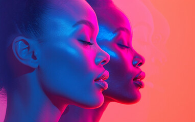 Fototapeta premium Three multiracial women of different ethnic backgrounds standing together, closing their eyes.
