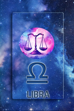 zodiac picture of Libra, astrological symbol and name over blue space background with stars like astrology concept of all zodiacal signs
