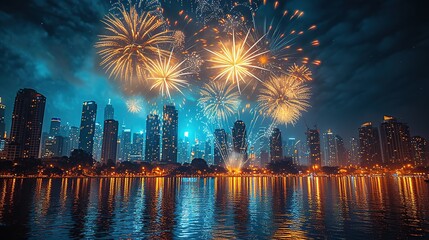 Obraz premium Fireworks over the city at night