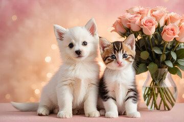 A puppy and a kitten smiling with a bouquet of roses. Generative AI