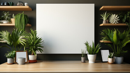 An empty poster frame mockup on the wall with natural bright light in the livingroom.