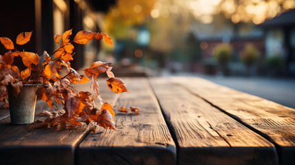 Naklejka na ściany i meble An empty wooden table top with orange leaves in autumn seasonal