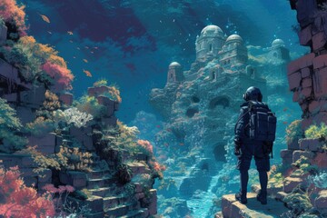 An explorer observes a submerged, coral-covered ruin, surrounded by fish and aquatic plants, capturing a fantastical underwater botanical scene in hues of blue, orange, and green.