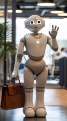 Robot with briefcase hired at office and waving hand