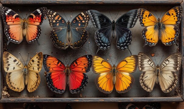 Set of colorful butterflies on a dark background.