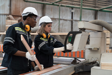 Male and female engineer control, maintenance and inspecting quality of machine in lumber storage factory. Warehouse and factory concept