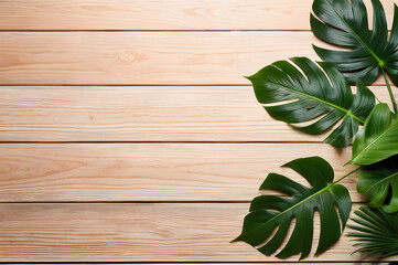 Tropical leaves, monstera leaves on a background of light boards. A place for the text. A place to copy