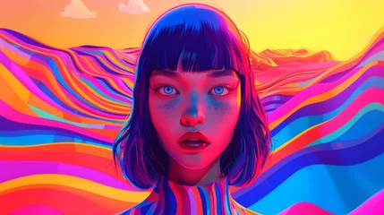 Foto op Canvas Hyperintense Colorblast Woman Face Background - Supermodel Girl Neon Overload Face with Vibrant and Swirling Energy Vitality Lines Representing the Landscape created with Generative AI Technology © Sentoriak
