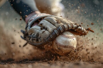 During a baseball game, a baseball glove meets a baseball as it makes contact with the dirt.
