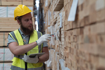 Male warehouse worker using digital tablet checks stock inventory in lumber storage warehouse. Male...