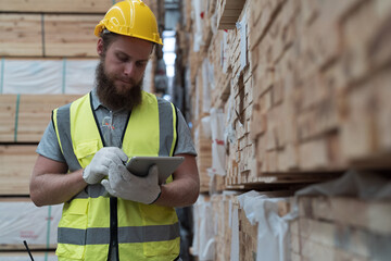 Male warehouse worker using digital tablet checks stock inventory in lumber storage warehouse. Male...