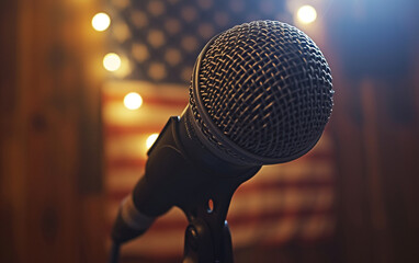 A microphone is positioned in front of an American flag, symbolizing a connection between patriotism and public speaking. - obrazy, fototapety, plakaty