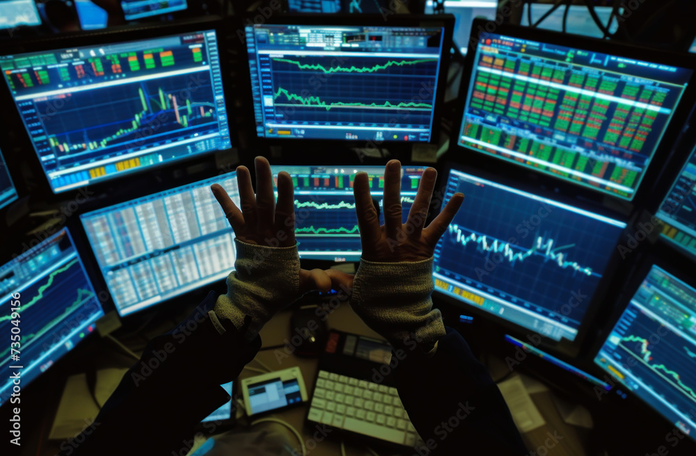 Poster close-up of a trader's hands with multiple screens showing live trading data