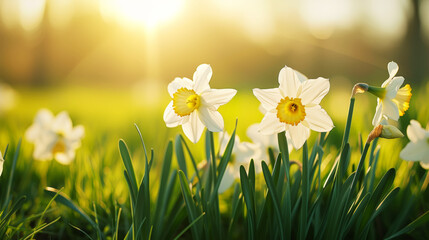 Obraz premium Close-up of yellow daffodil flowers blooming in spring. Bokeh sunny background. Spring landscape concept. Generative AI