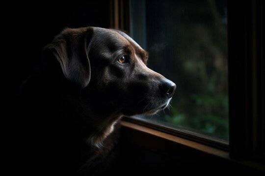 Lonely dog in dark shade gazes sadly at nighttime nature through window. Generative AI
