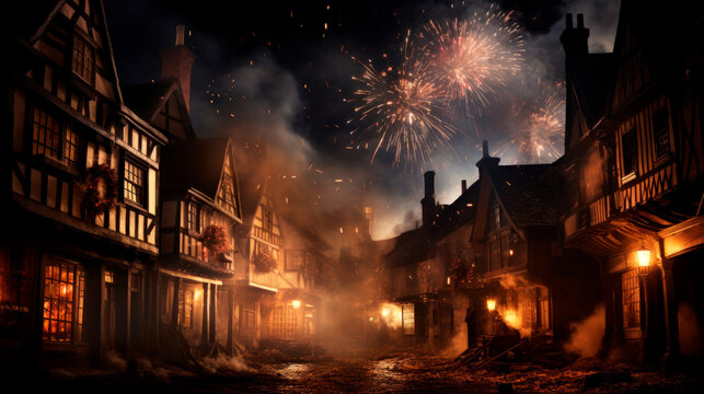 An Old English village basks in the glow of fireworks, the vibrant sky evoking the joy of Guy Fawkes Night and festive holidays, blending tradition with communal celebration.