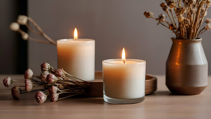Obraz na płótnie Canvas Aroma candle on the table. Warm aesthetic composition with dry flowers. Cozy home comfort, relaxation and wellness concept. Interior decoration mockup
