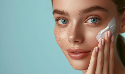 Hydration. Cream smear. Beuaty close up portrait of young woman with a healthy glowing skin is applying a skincare product