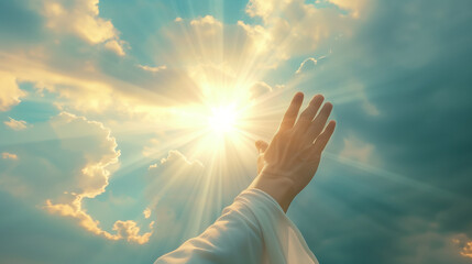 Spiritual Awakening: Hand Reaching for the Sunlight Through Clouds - Symbol of Hope, Faith, and Enlightenment