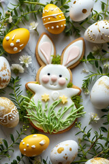 Fototapeta na wymiar Easter bunny cookies and eggs top view