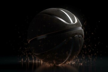 Scratched black basketball with rotating particles under spotlight. 3D rendering. Generative AI