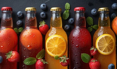 Fruit drinks in bottles on a dark background. - obrazy, fototapety, plakaty