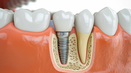 cross section of the jaw with an embedded dental implant