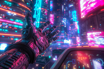 Amidst glowing neon a hacker battles in the Metaverse a blend of data analysis and future tech - obrazy, fototapety, plakaty
