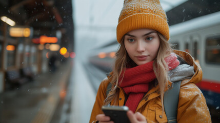Obraz premium A Young woman standing on the platform of a train station consulting the mobile phone, Ai generated image