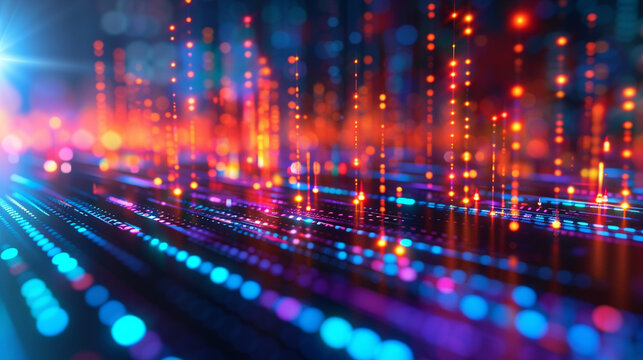 Abstract visualization of data being sifted and analyzed in a glowing hightech neonlit environment