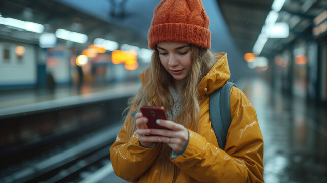 A Young woman standing on the platform of a train station consulting the mobile phone, Ai generated image