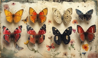 Colorful butterflies on a light abstract background.